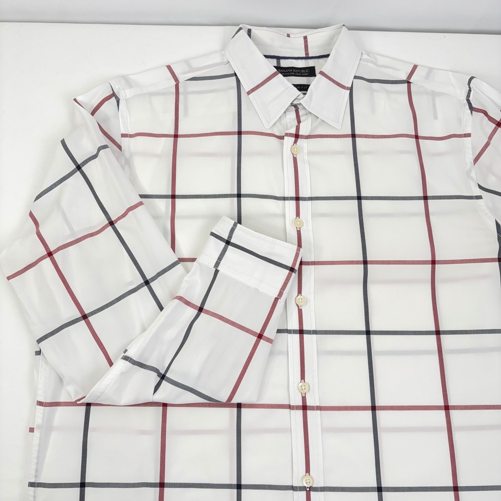 Banana Republic Mens Camden Fit Custom 078‎ Wash L/S Shirt White Red Plaid Large